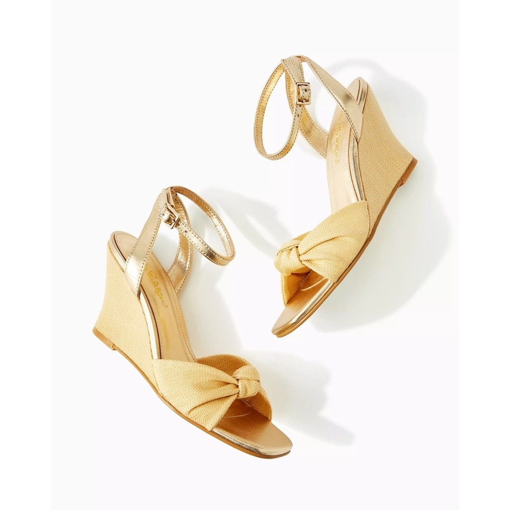 Lilly Pulitzer EUC Emmie Wedge Sandals Gold Natural Straw/Canvas Size 10M